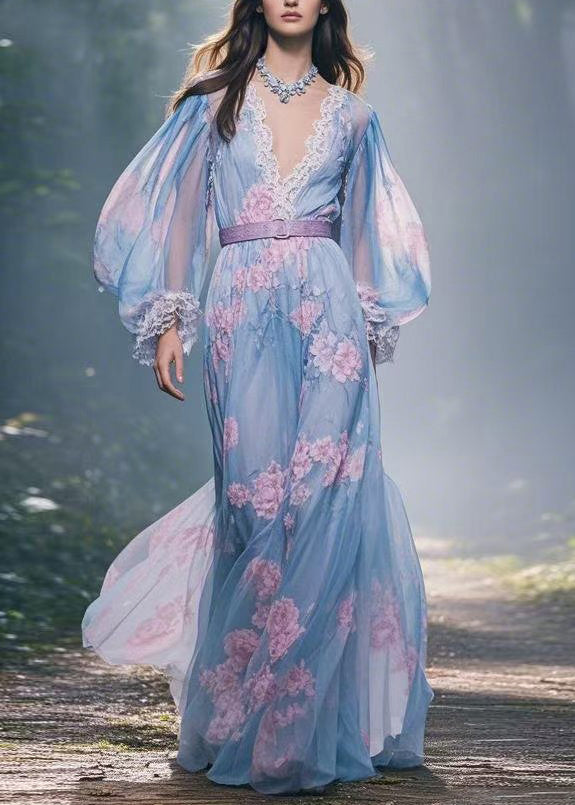 Print V Neck Lace Sashes Patchwork Chiffon Maxi Dresses Spring