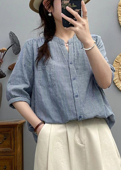 Red Stand Collar Striped Cotton Shirt Half Sleeve