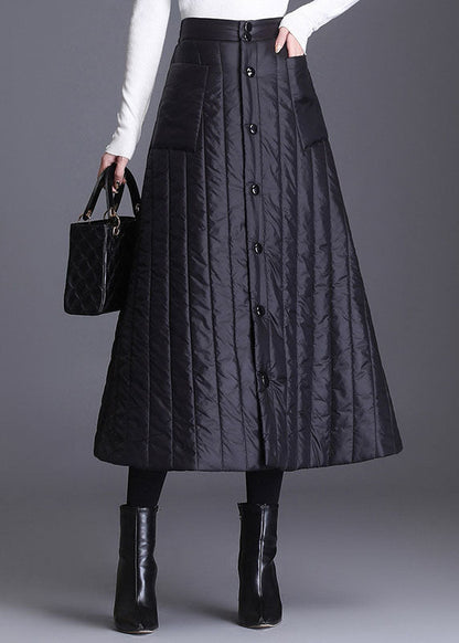 Black Button Pockets Fine Cotton Filled Skirts Winter
