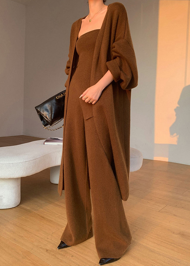 Caramel V Neck Asymmetrical Patchwork Knit Three Pieces Set Fall