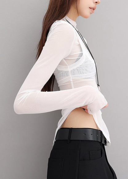 White Hign Neck Patchwork Tulle Two Pieces Set Fall