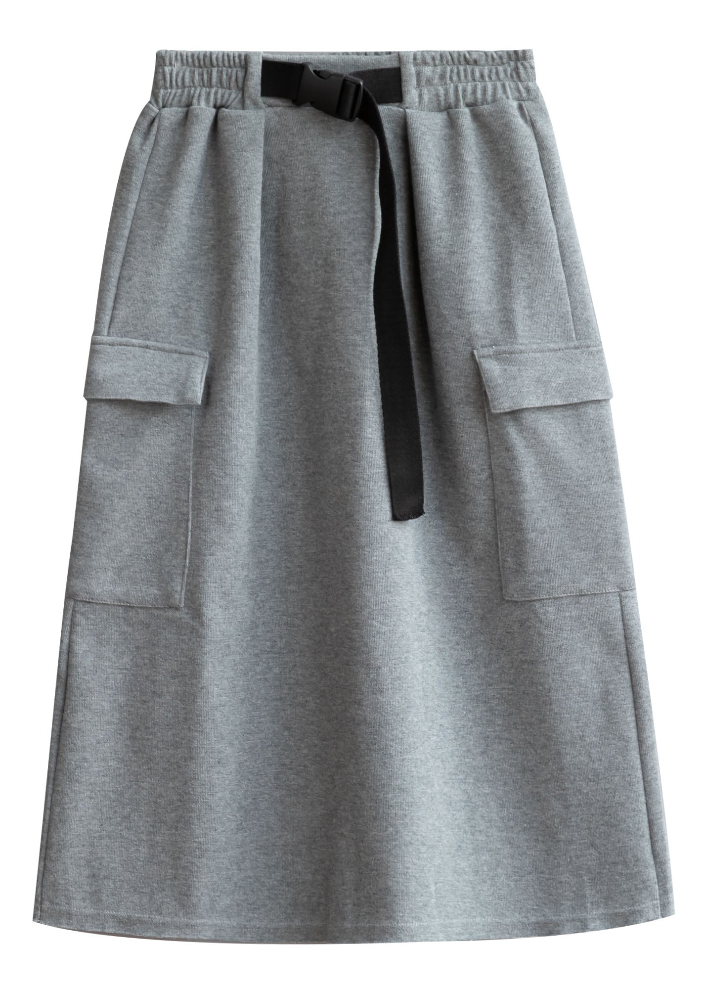 Modern Grey Elastic Waist Pockets Cotton Skirt Fall