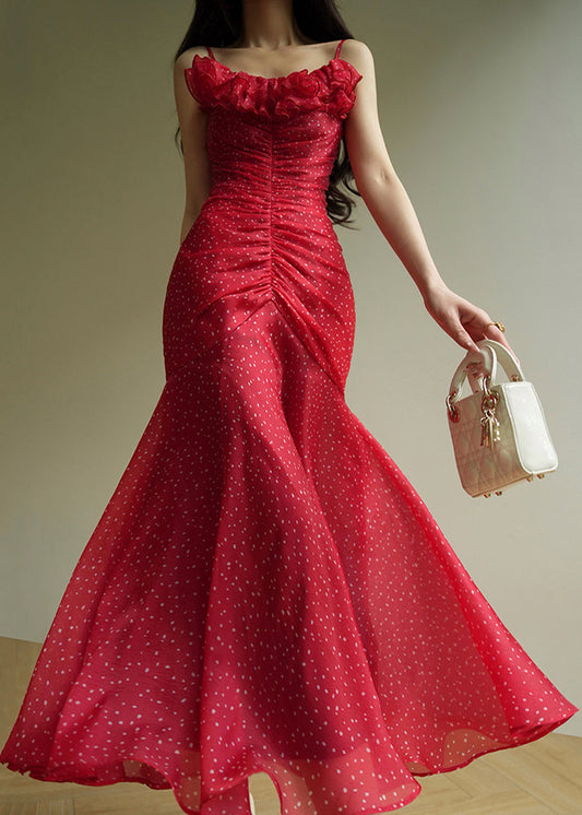 Red Dot Wrinkled Chiffon Spaghetti Strap Dress Sleeveless
