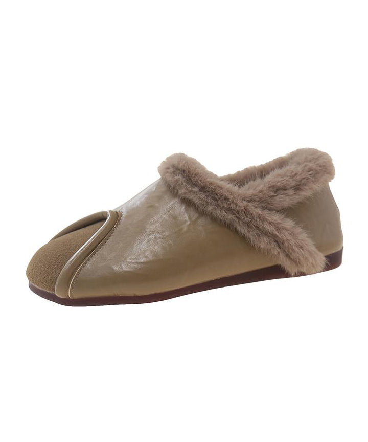 Khaki Comfy Splicing Flat Feet Shoes Fuzzy Wool Lined