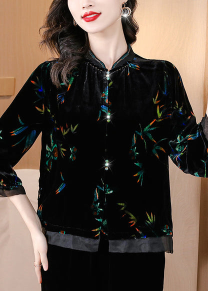 Black Stand Collar Print Silk Velour Shirts Spring
