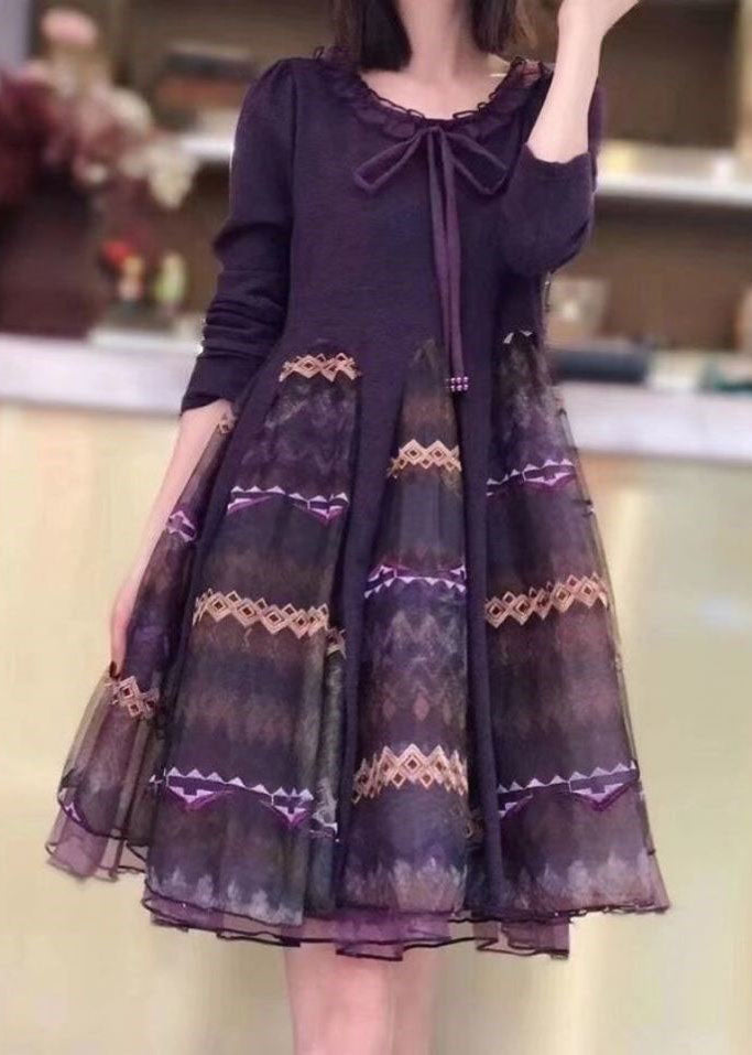 Classy Orange Knit Patchwork Tulle Embroideried Fall Long Sleeve Dress