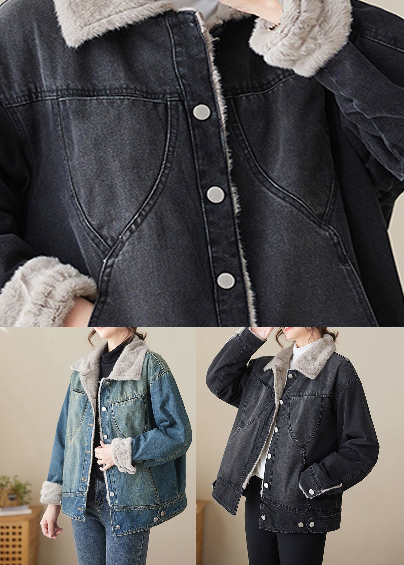 Stylish Blue Peter Pan Collar Patchwork Warm Fleece Denim Coats Winter