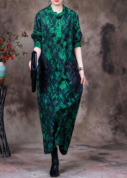Green Stand Collar Jacquard Patchwork Silk Long Dress Long Sleeve