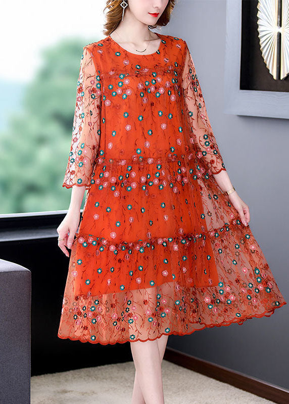 Classy Orange O-neck Embroideried Tulle Vacation Dresses Bracelet Sleeve
