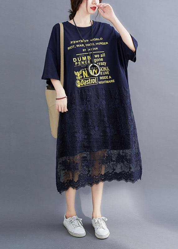 Style Navy Loose Patchwork Lace Summer Half Sleeve Maxi Dresses