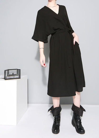 Black Tie Waist V Neck Dress Half Sleeve