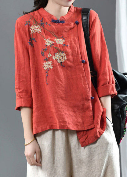 Orange O-neck Asymmetrical Design Button Embroideried Linen Top Long Sleeve