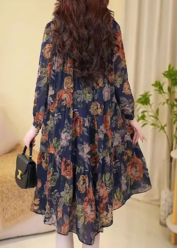 New Navy Print Wrinkled Cotton Long Dresses Long Sleeve Fall