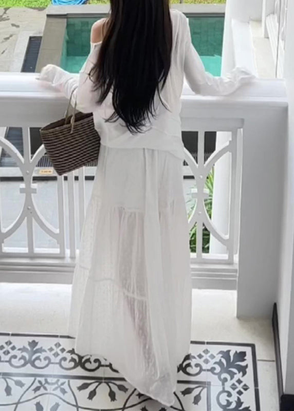 White O-neck Patchwork Top and Wide Leg Pants Two Pieces Set Long Sleeve