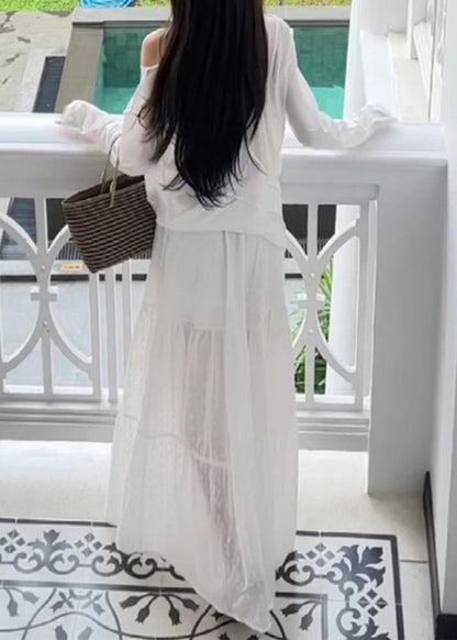 White O-neck Patchwork Top and Wide Leg Pants Two Pieces Set Long Sleeve