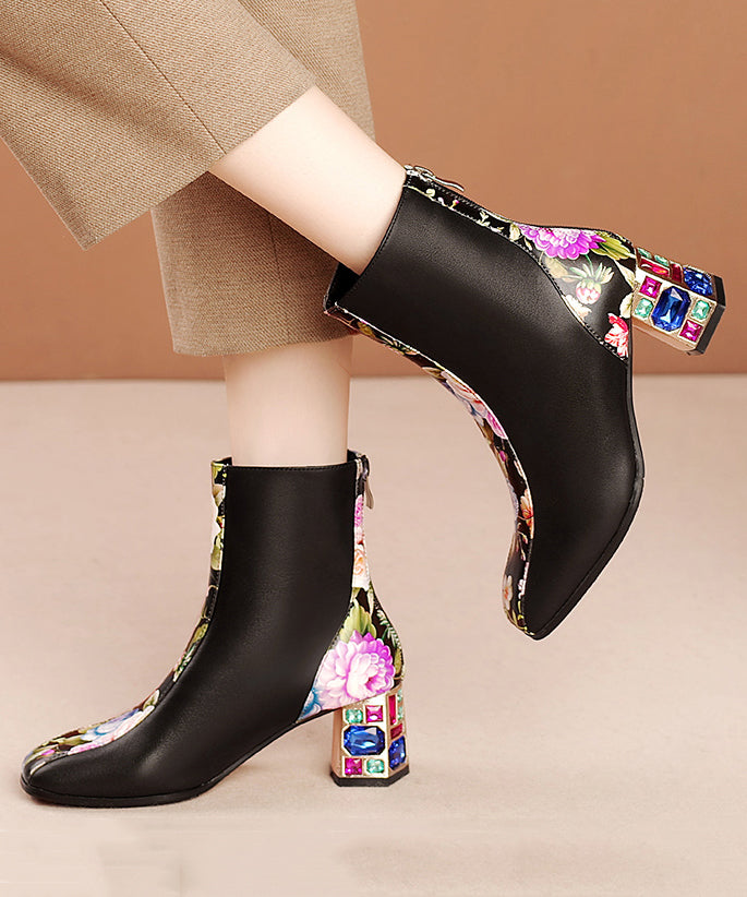 White Print Zircon Cowhide Leather Chunky Boots