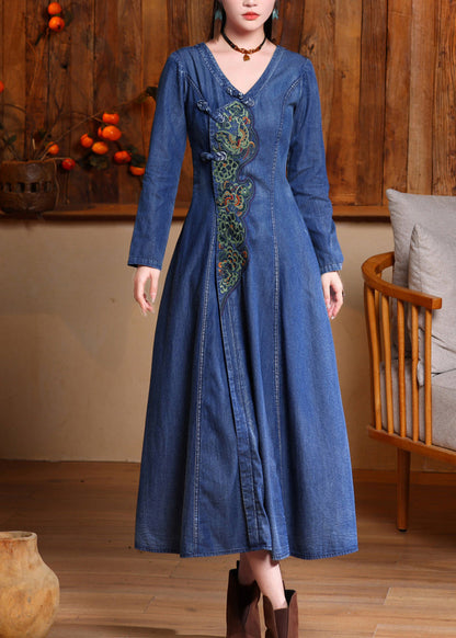 Navy V Neck Embroidered Button Long Denim Dresses Long Sleeve