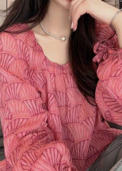 Rose O Neck Print Cinched Cotton Blouses Lantern Sleeve