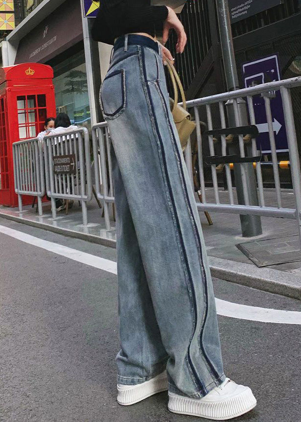Blue Patchwork Zippered Button Straight Jeans