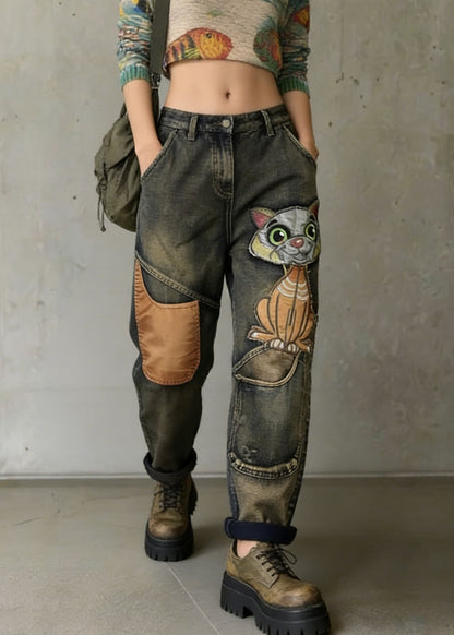 Cat Embroidery Patchwork Mid Waist Loose Denim Harem Jeans