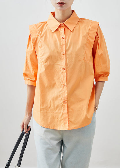 Orange Peter Pan Collar Patchwork Cotton Shirts Half Sleeve