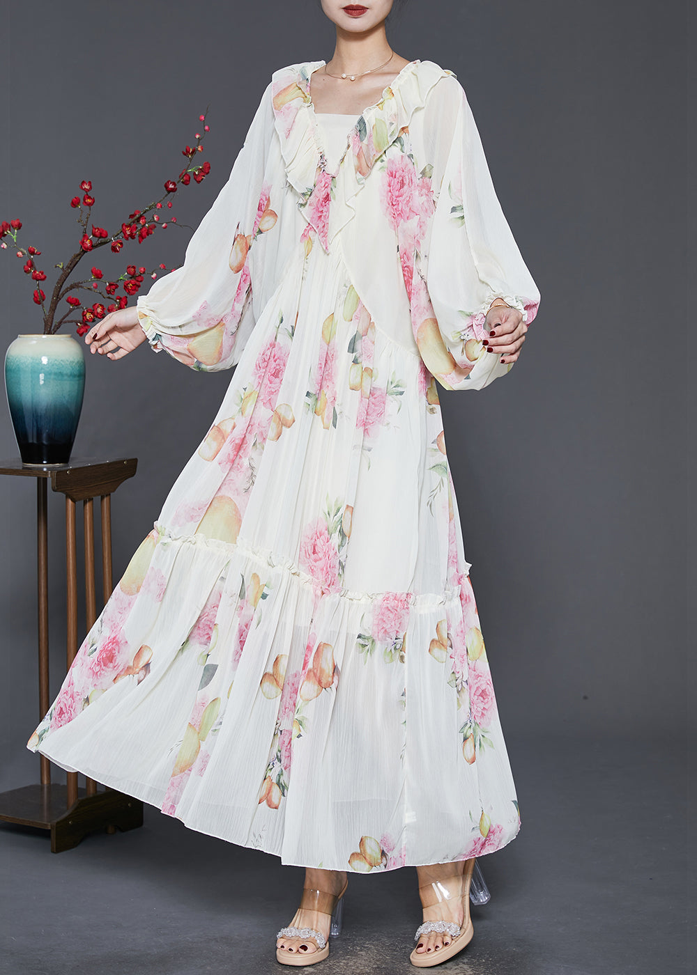 Apricot Ruffled Print Chiffon Long Dresses Spring