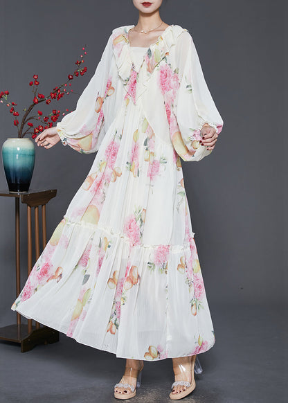 Apricot Ruffled Print Chiffon Long Dresses Spring
