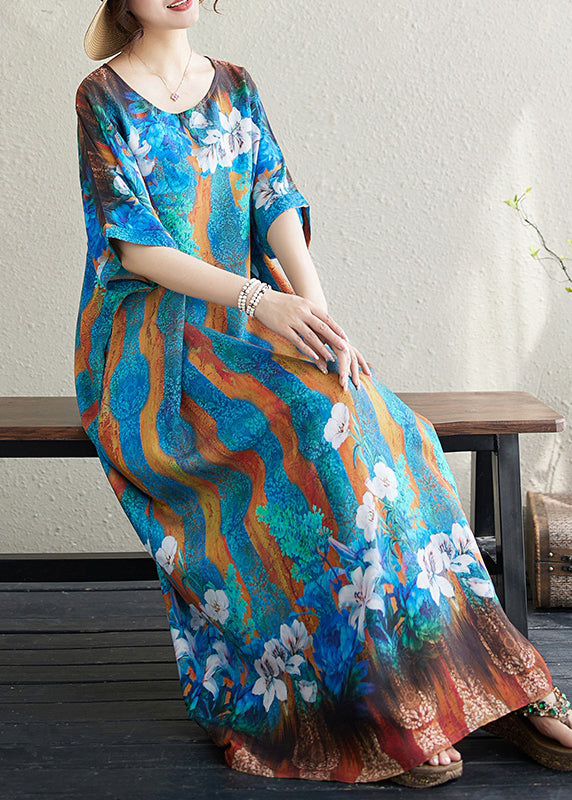 Blue Oversized Print Cotton Vacation Dress Batwing Sleeve