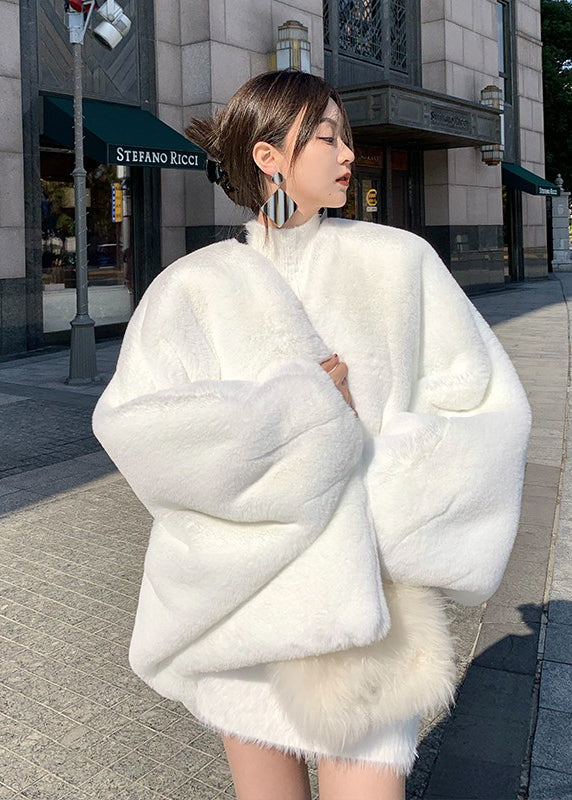 New White V Neck Fuzzy Fur Fluffy Coats Long Sleeve