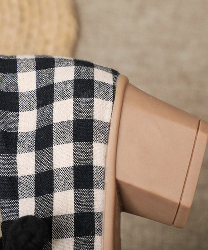 Buckle Strap Chunky High Heels Plaid Cotton Fabric