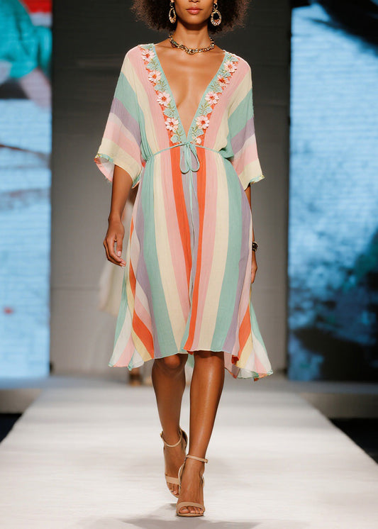 French Colorblock V Neck Cotton Mid Dresses Summer