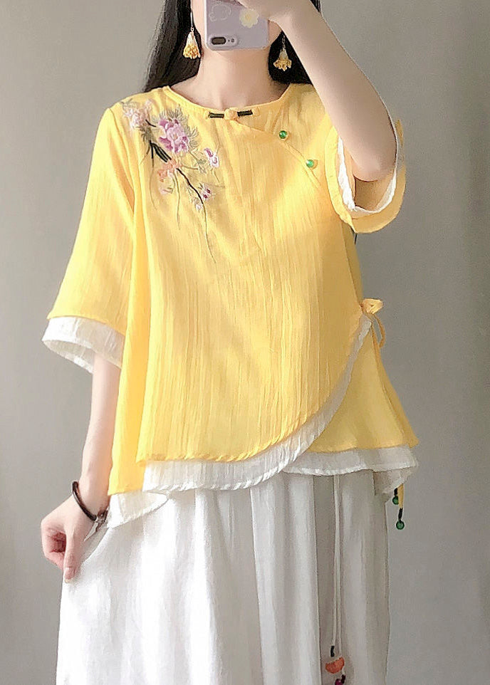 Yellow Embroideried Patchwork Linen Shirt Tops Summer
