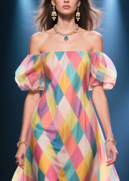Art Multicolour Plaid Flower Decorated Silk Strapless Dress Puff Sleeve