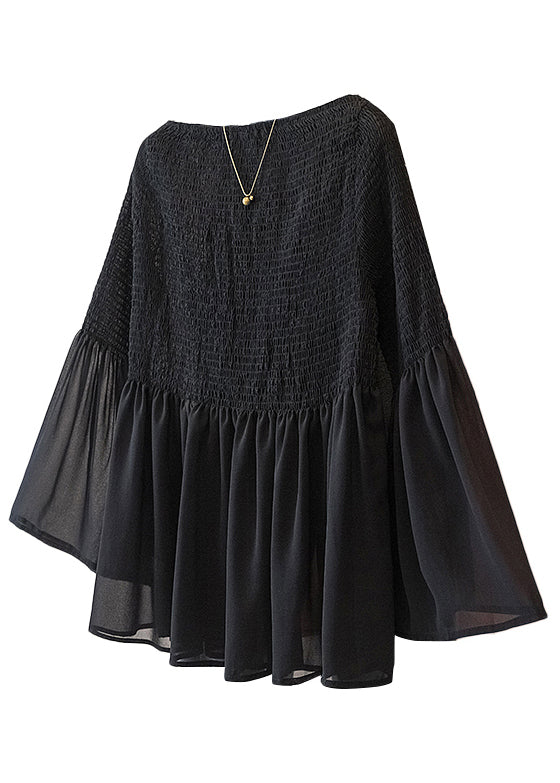 Pink Wrinkled Chiffon Blouse Tops Flare Sleeve Fall