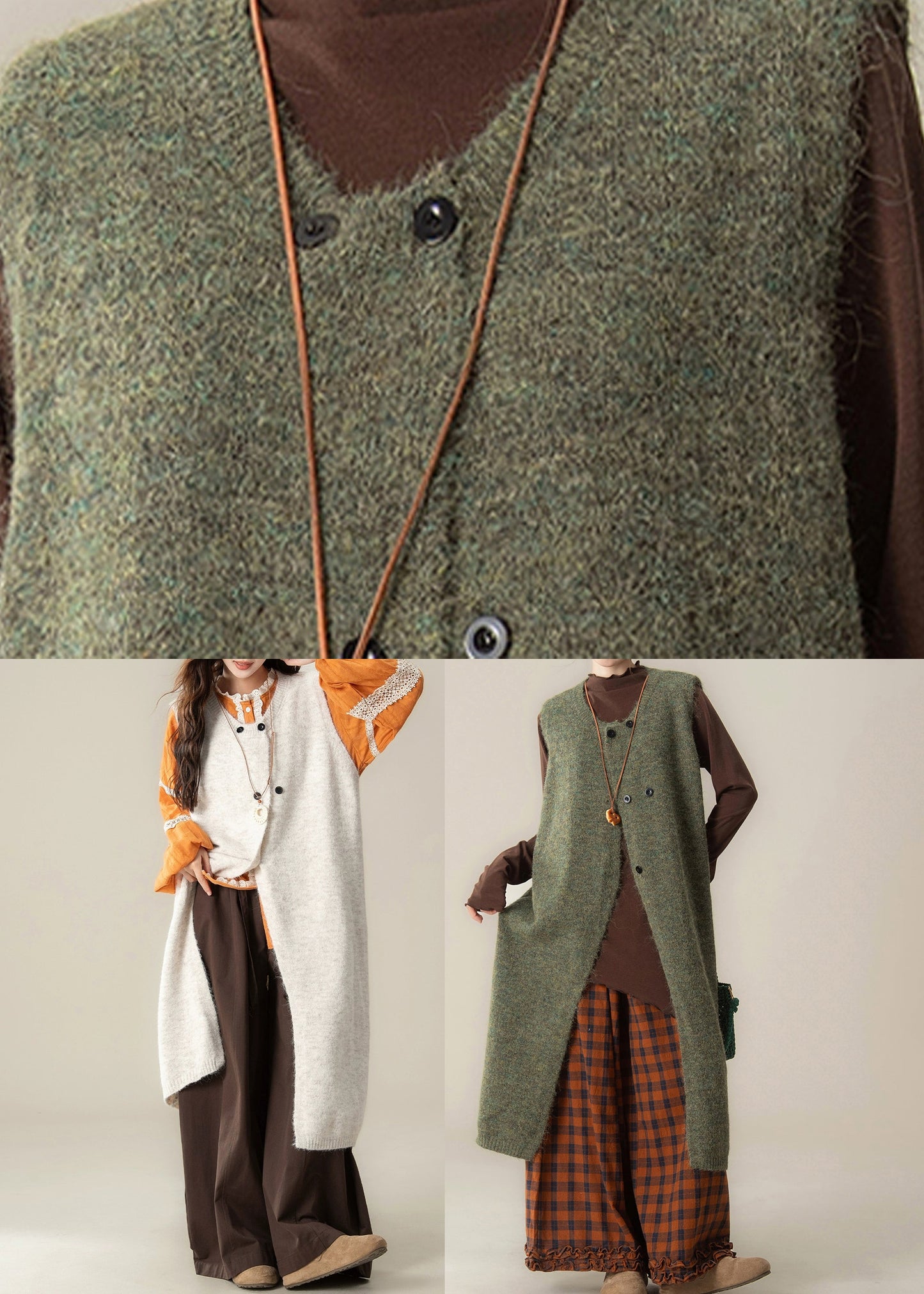 Style Green O-neck Cotton Knit Long Sweaters Dress ,top and Wide Leg Pants Three Pieces Set Sleeveless