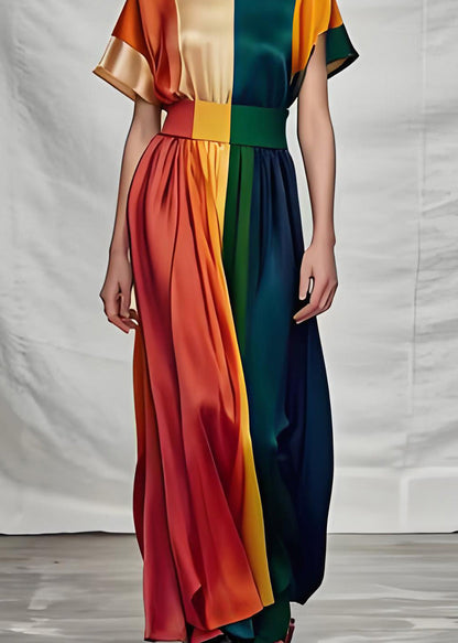 Organic Colorblock O Neck Silk Dress Summer