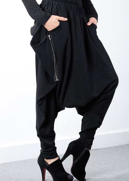 Black Zippered Asymmetrical Design Jogging Spring Pants