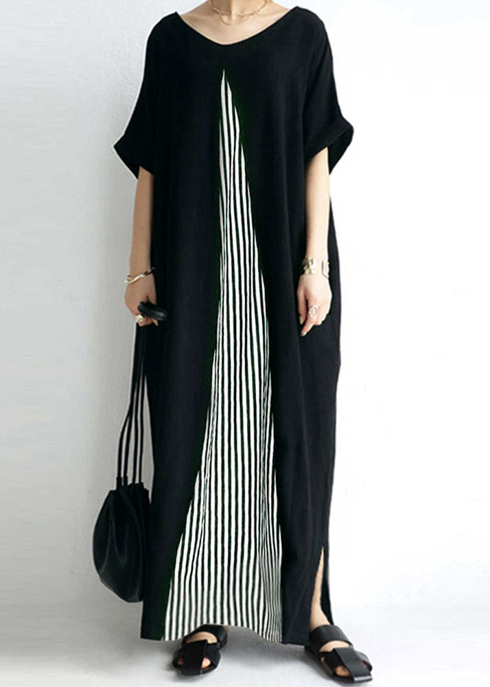Black O-neck Striped Patchwork Cozy Maxi Dress Short Sleeve