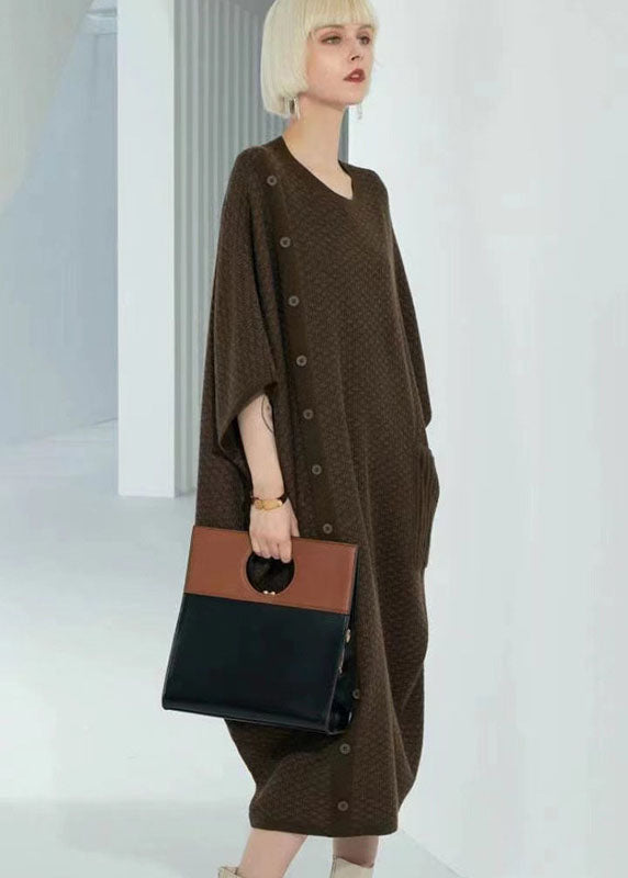 Boutique Chocolate O-neck Patchwork Button Long Wool Knit Dress Bracelet Sleeve