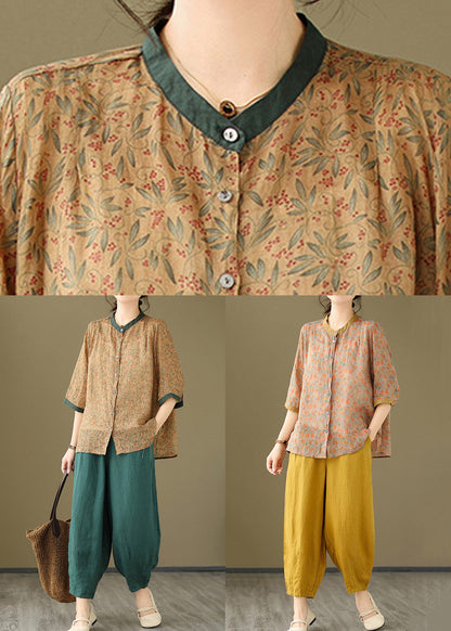 Orange Button Pockets Cotton Two-piece Set Pink Half Sleeve Bracelet Sleeve