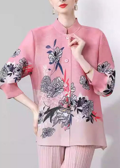 Pink Stand Collar Print Button Silk Coats Fall