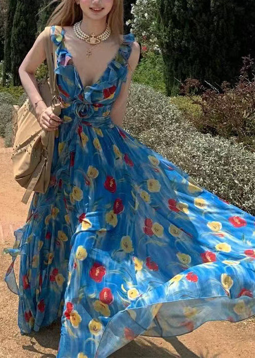 Blue Backless Print Chiffon Ankle Dress Summer