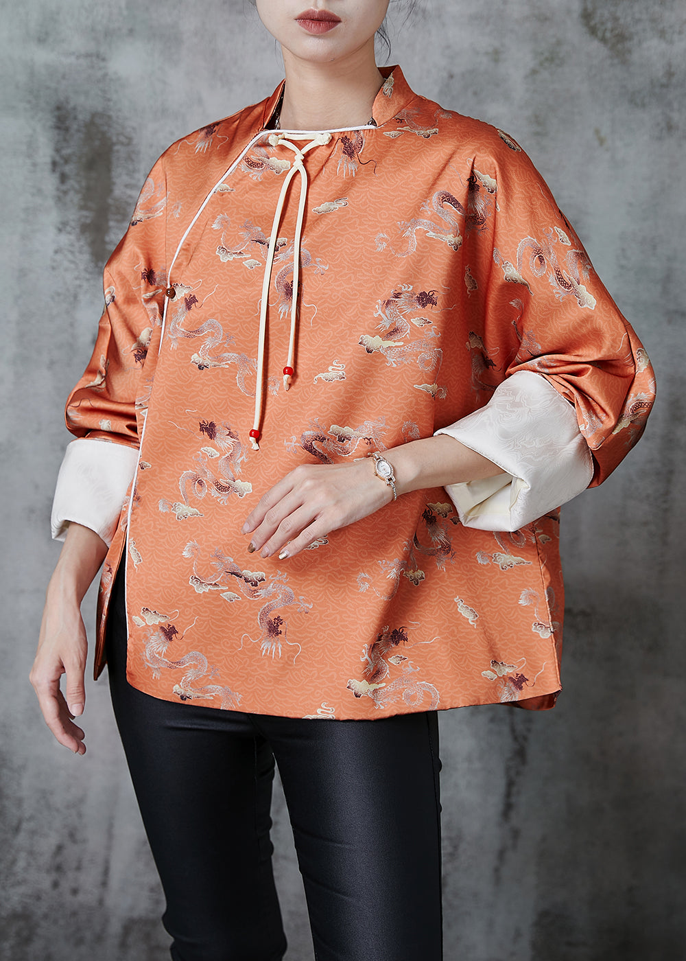 Orange Tasseled Print Side Open Silk Oriental Coats Fall
