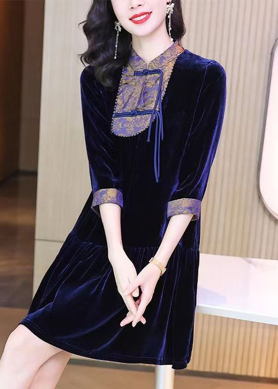 Purple Stand Collar Tasseled Patchwork Velour Mid Dress Fall