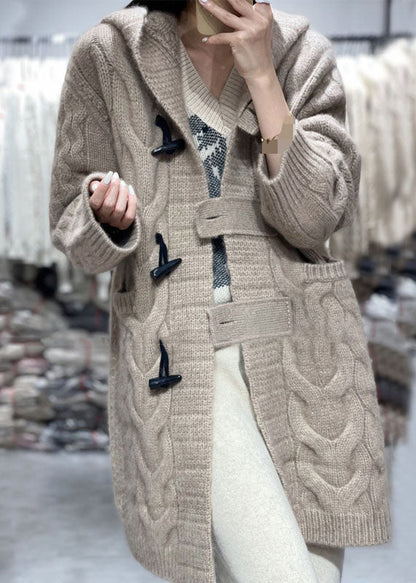 Khaki Hooded Oversized Cashmere Long Cardigans Winter