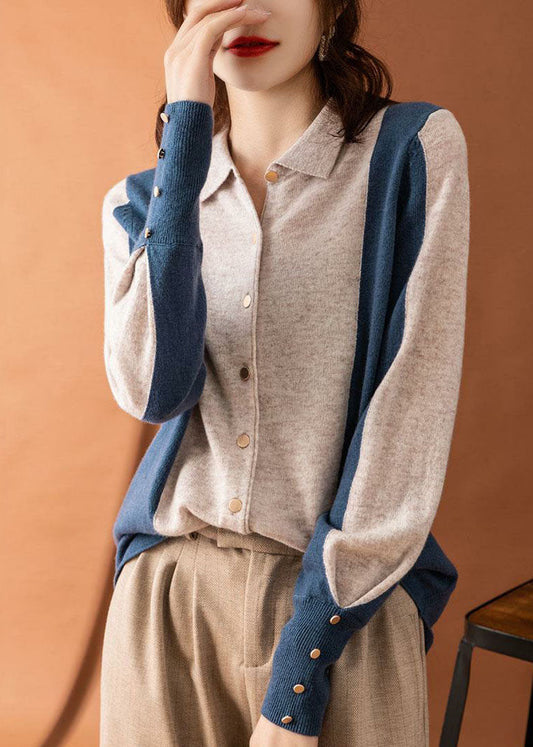 Colorblock Peter Pan Collar Patchwork Cashmere Cardigans Spring