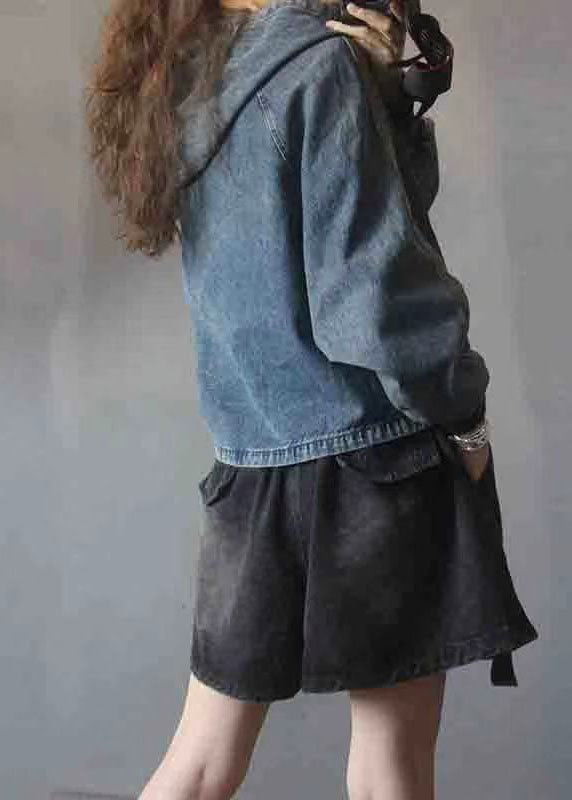 Black Hooded Patchwork Button Fall Denim Pullover Street Wear