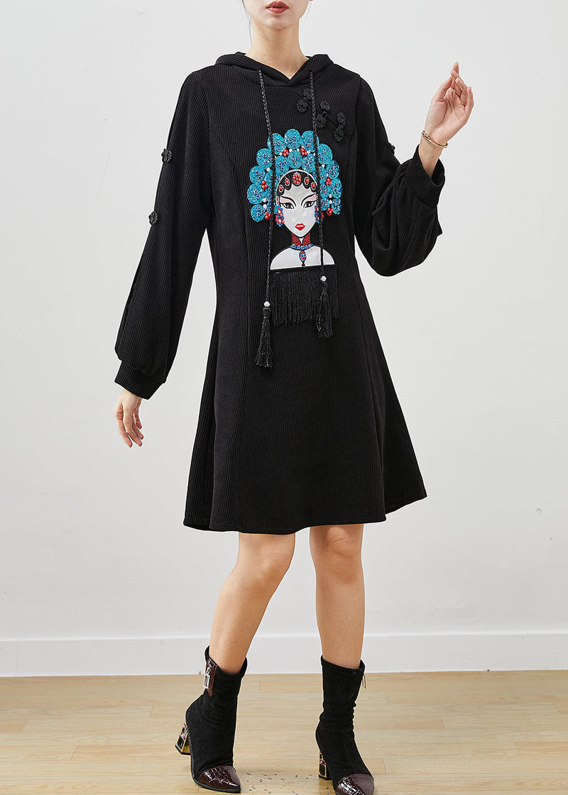 Black Embroideried Chinese Button Corduroy Dress Spring