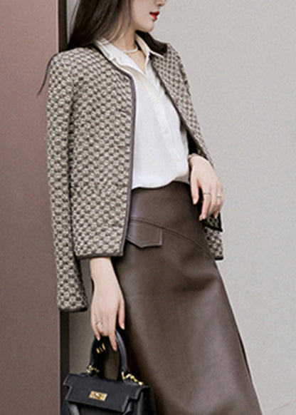 O-neck Plaid Button Woolen Coat Long Sleeve