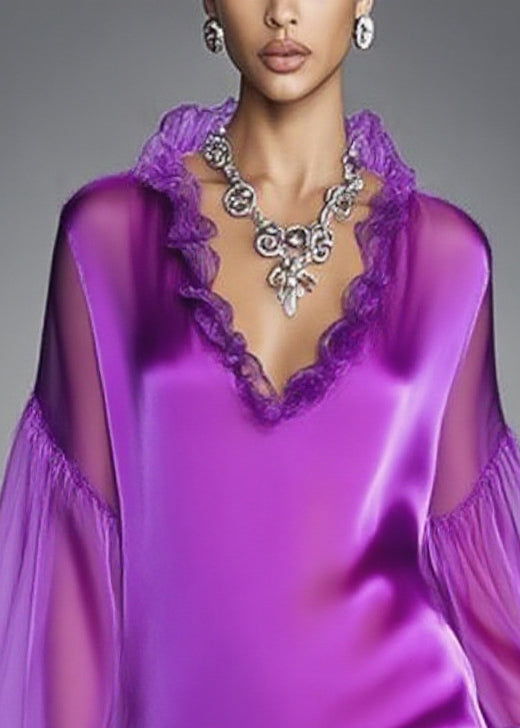 Italian Purple Ruffled Patchwork Chiffon Tea Dress Spring
